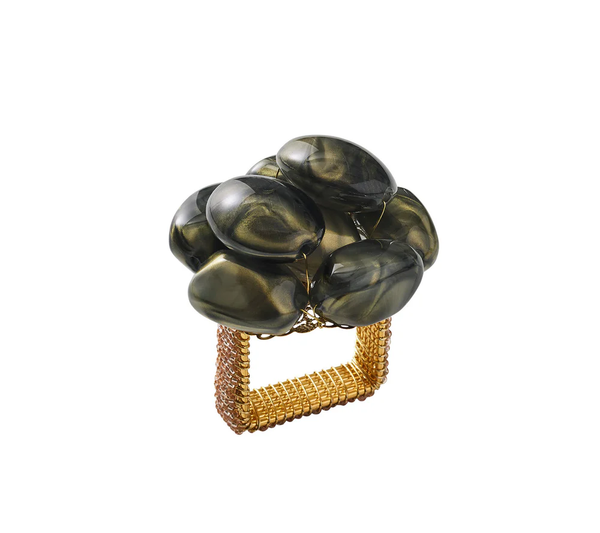 The Kim Seybert Bonton Napkin Ring Set of 4 - Grey & Gold features a gold mesh band topped with smooth, dark green marbleized beads, shown against a white background.