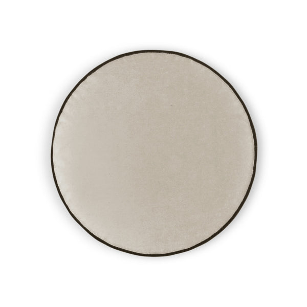 The Posh Circle Pillow 18″D - by D.V. KAP / Canaan Company is a modern round, light beige cushion with a dark brown border, shown from above on a white background.