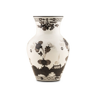 The Oriente Italiano Ming Vase 9" by Ginori 1735 features intricate black floral, geometric, and scenic designs on white ceramic, adding Italian elegance to any space. Displayed on a plain white background.