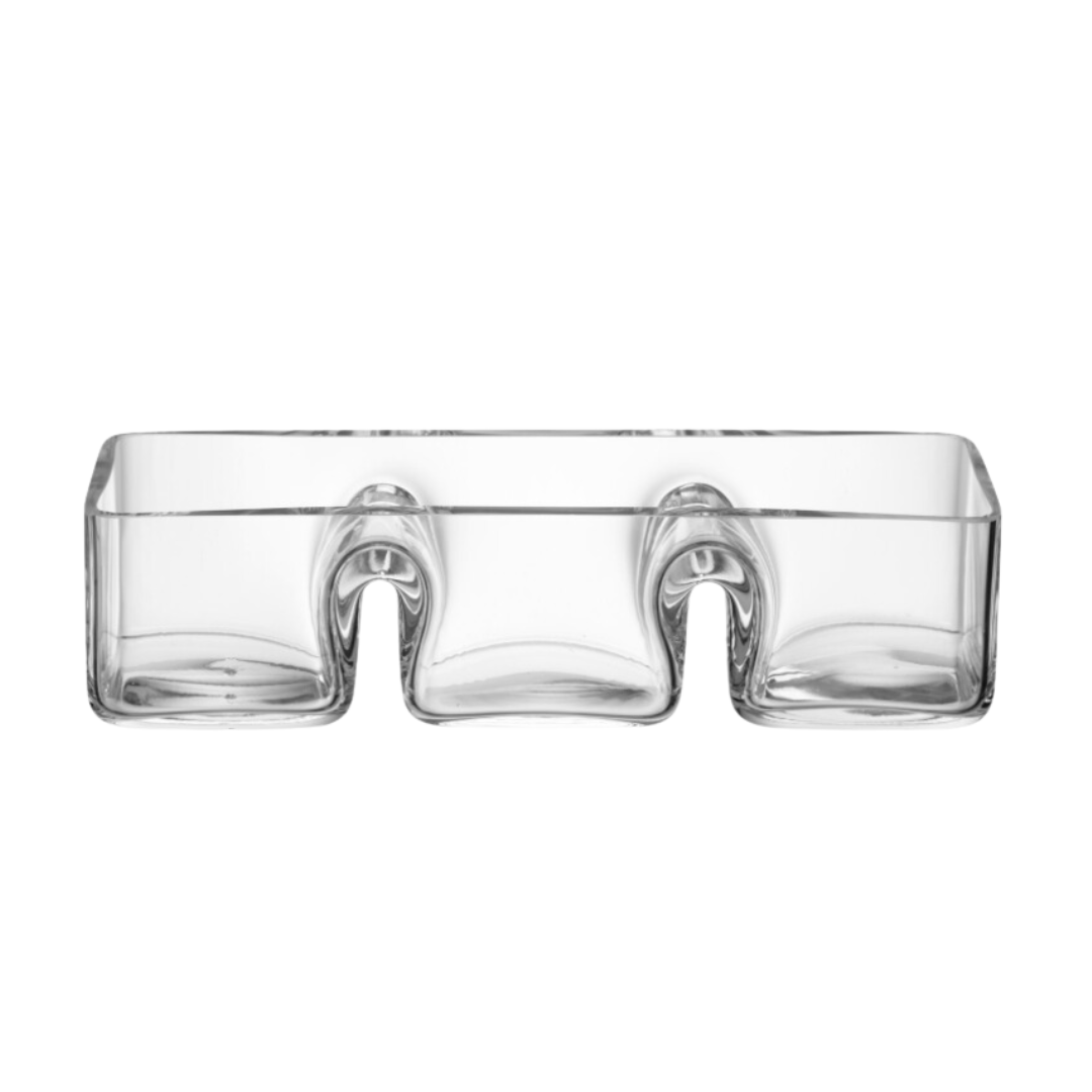 The LSA Serve Handmade Trio Dish is a clear rectangular serving dish featuring three evenly spaced U-shaped indents along one side, shown against a white background.
