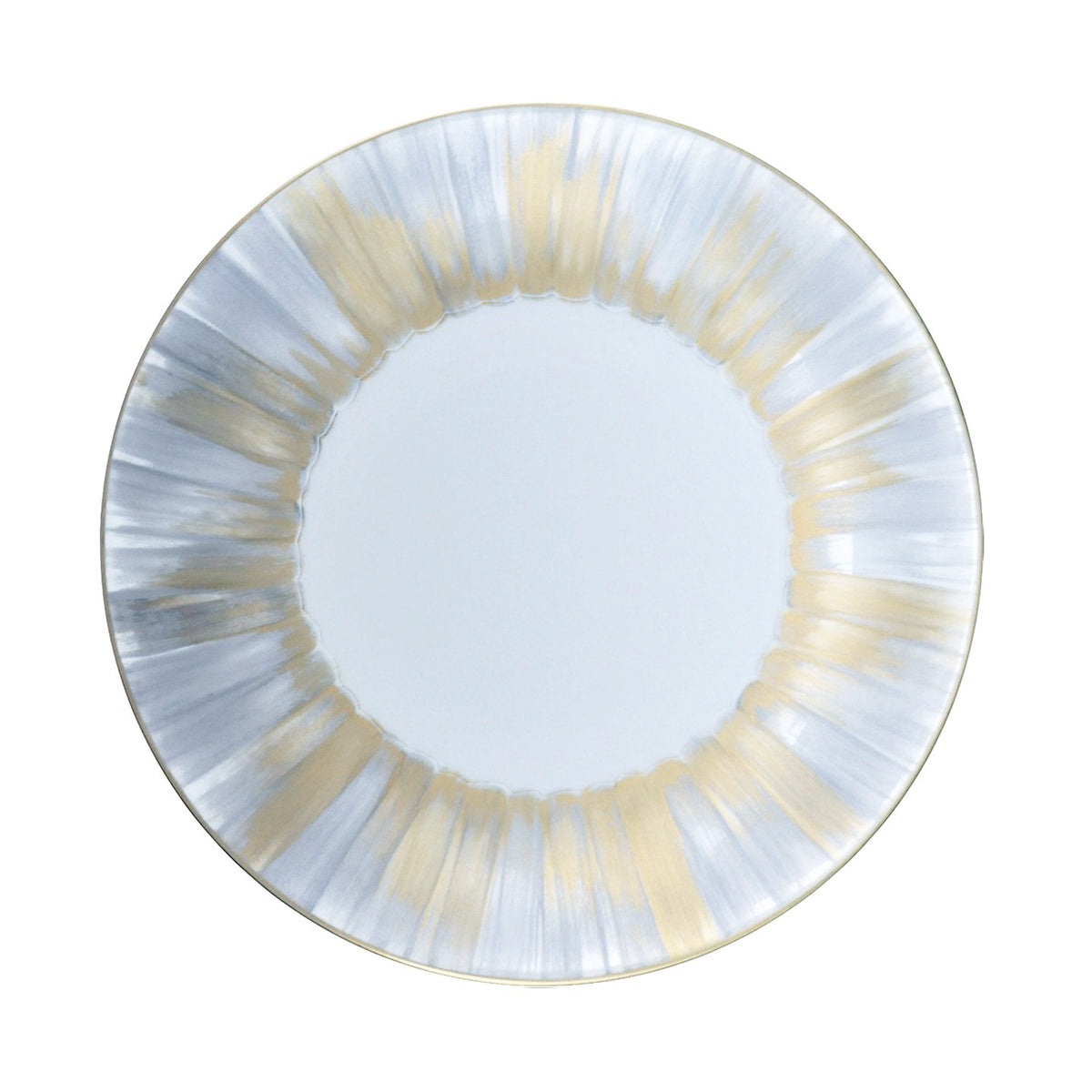 The Marie Daage Panache dinner plate by Marie Daâge features a white Limoges porcelain center with an elegant rim of gold, silver, and gray brushstrokes, blending luxury with modern style.