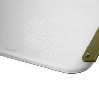 A close-up of the Christofle Club Rectangle Tray – Stainless Steel Imperial (13" x 9") shows a white grid surface with small raised dots, rounded edges, an embossed logo, and an imperial green leather corner accent secured with a silver rivet.