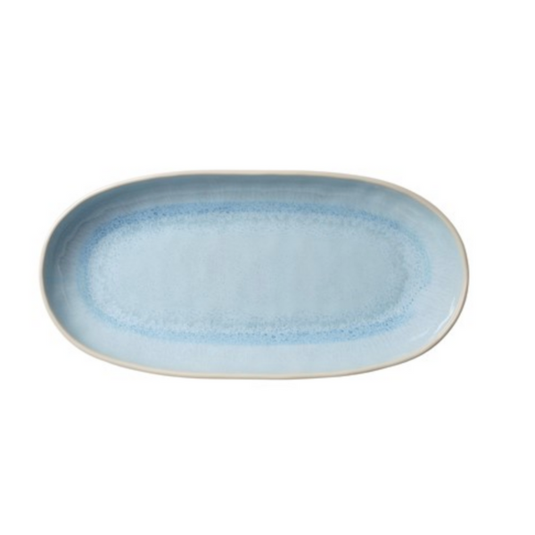 The Merritt Reactive Glaze Melamine Blue Oval Appetizer Tray features a light blue center, a subtle darker blue border, and an off-white rim, all set against a white background.