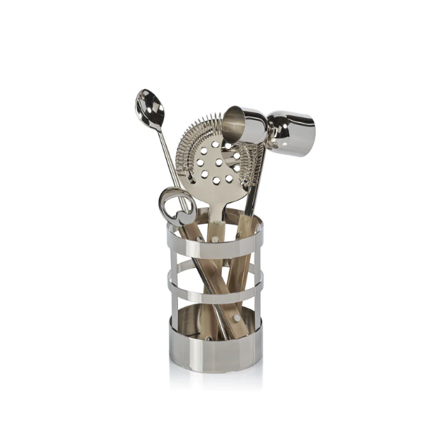 The Zodax Belmont 5 Piece Bar Tool Set features a stainless steel jigger, strainer, bottle opener, stirring spoon, and more in a sleek cylindrical stand—ideal for organizing your home bar and mixing cocktails in style.