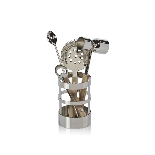 The Zodax Belmont 5 Piece Bar Tool Set features a stainless steel jigger, strainer, bottle opener, stirring spoon, and more in a sleek cylindrical stand—ideal for organizing your home bar and mixing cocktails in style.