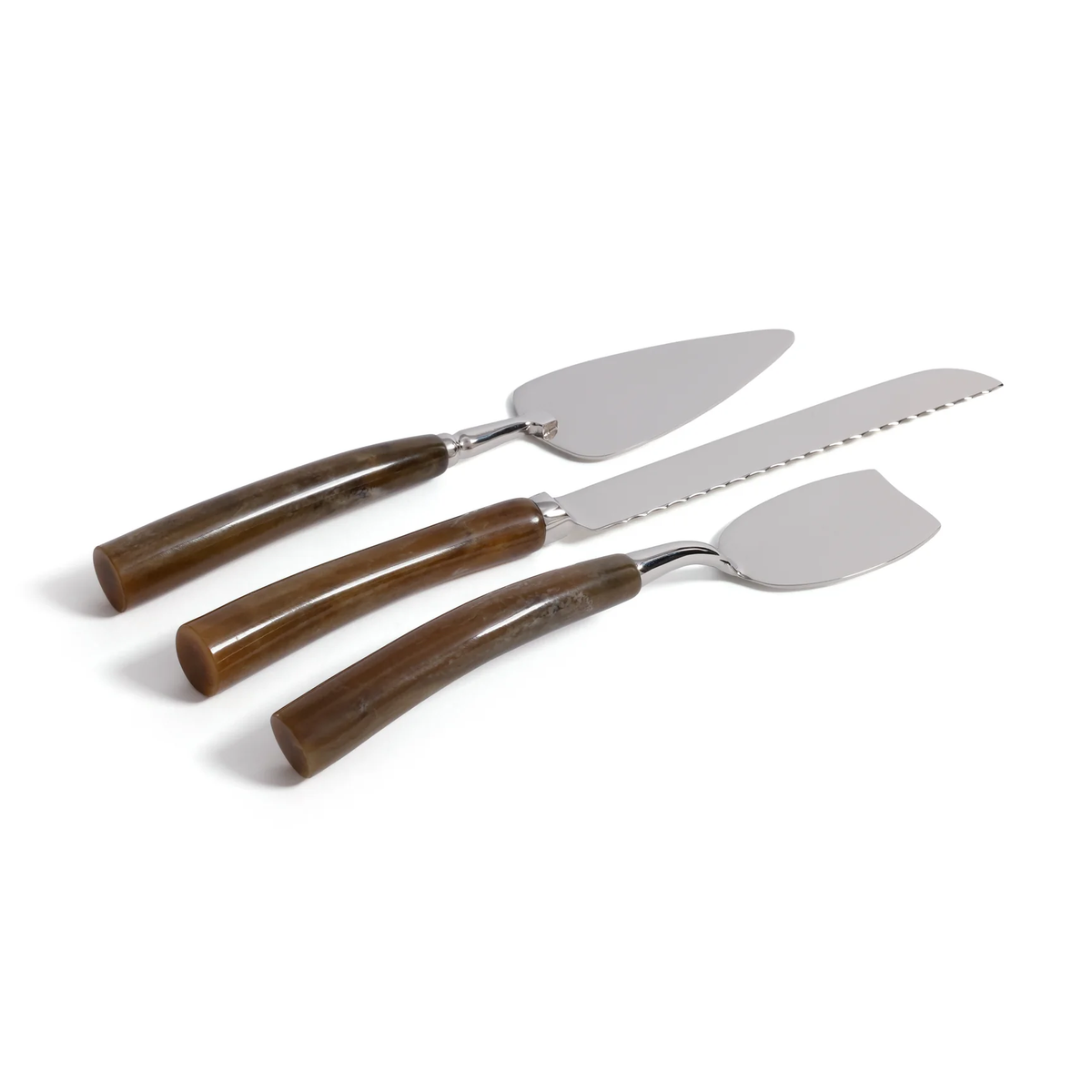 The Zodax Borghese Resin Handle 3 Piece Cheese Set features a pie server, serrated knife, and serving fork with brown handles, elegantly arranged on a white background—an ideal gift or perfect companion to any cheese set.