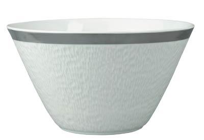 The Raynaud Mineral Irise Dinnerware Platinum bowl features white Limoges porcelain with a subtle textured pattern and a shiny platinum rim, shown against a plain white background.