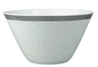 The Raynaud Mineral Irise Dinnerware Platinum bowl features white Limoges porcelain with a subtle textured pattern and a shiny platinum rim, shown against a plain white background.