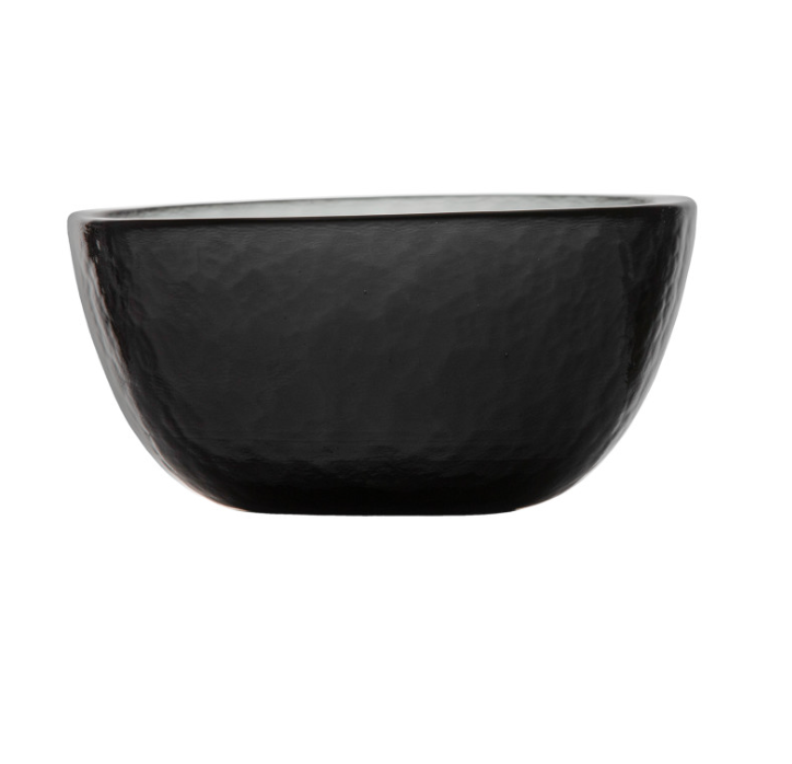 A black, round ceramic bowl with a textured surface from the Fortessa Los Cabos Shadow Dinnerware 4 Piece collection, shown against a plain white background.
