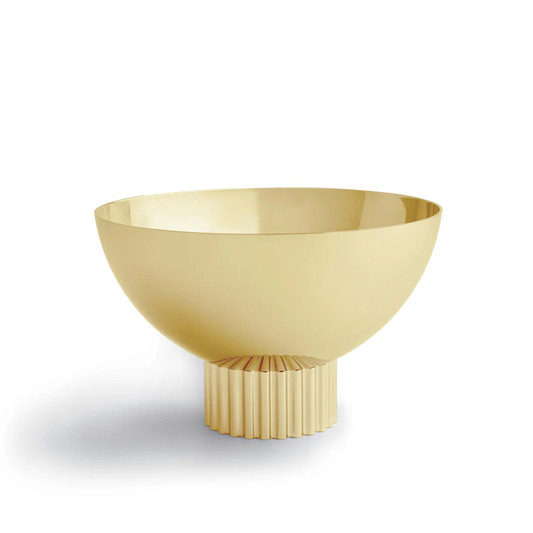 The Striations Gold Nut Bowl by Anna New York features a smooth, rounded gold stainless steel design with a short, ribbed cylindrical base, shown against a white background.