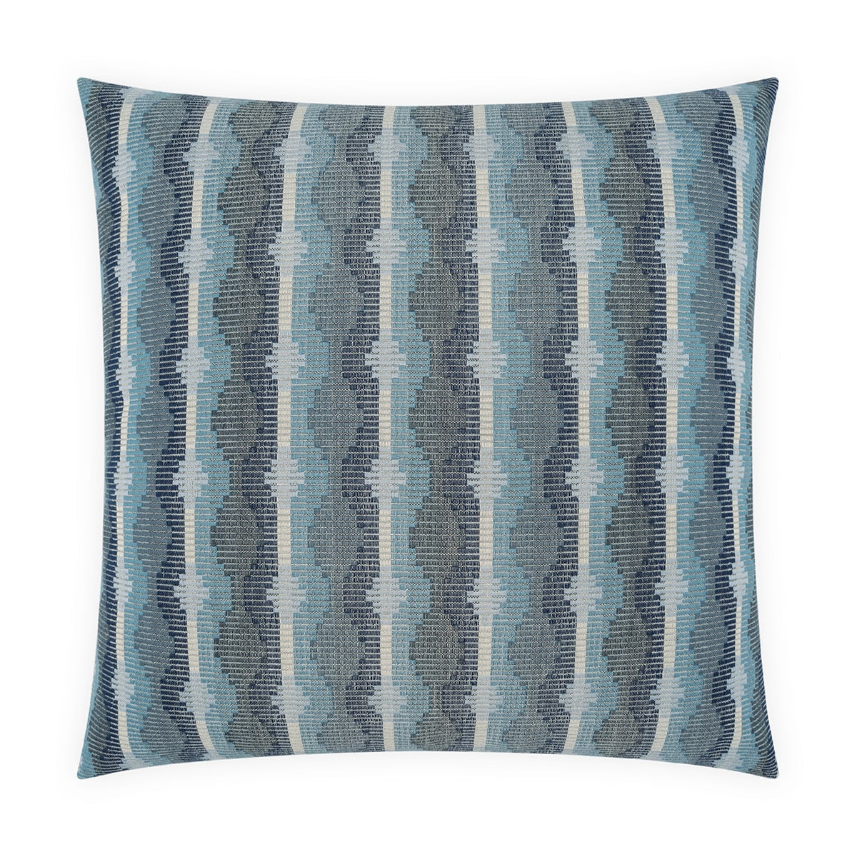 The D.V. KAP / Canaan Company Outdoor Pillow Beckon Harbor 22 x 22 features a square shape adorned with a wavy, geometric pattern in blue, navy, and white. Showcasing vertical stripes and abstract shapes for a modern textured look, this pillow is an ideal choice for refreshing your garden furniture or creating a relaxed coastal vibe outdoors.