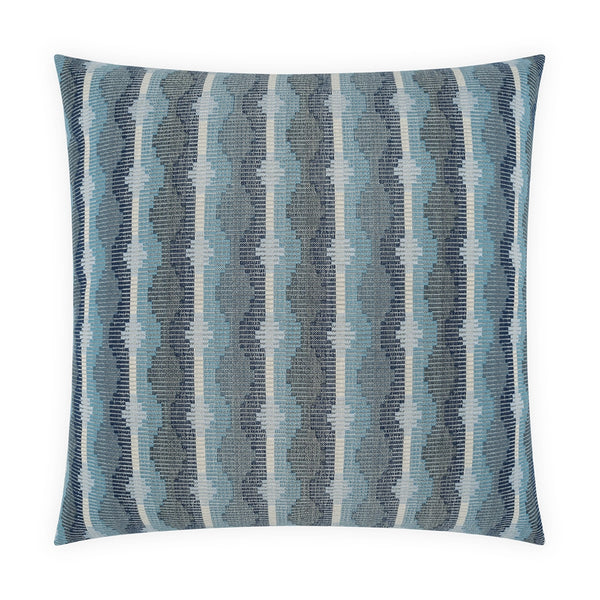 The D.V. KAP / Canaan Company Outdoor Pillow Beckon Harbor 22 x 22 features a square shape adorned with a wavy, geometric pattern in blue, navy, and white. Showcasing vertical stripes and abstract shapes for a modern textured look, this pillow is an ideal choice for refreshing your garden furniture or creating a relaxed coastal vibe outdoors.
