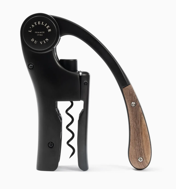L’ Atelier du Vin Lever Wine Opener - Black featuring a vertical lever and wooden handle.