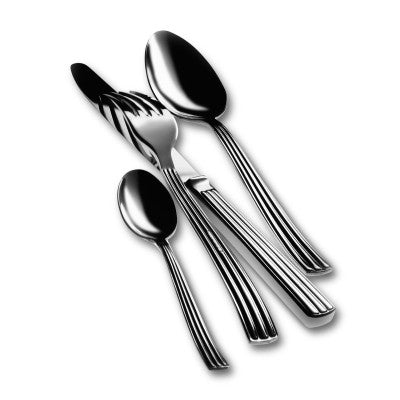 Five pieces of Mepra Sole Flatware—stainless steel with grooved handles—are arranged diagonally on a white background, showcasing their sleek, modern Italian design.