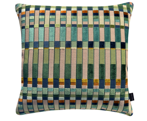 Introducing the Margo Selby Bruges Pillow 22 x 22—a square pillow featuring a geometric pattern of vertical and horizontal stripes in shades of green, blue, yellow, and beige. Its unique cover showcases alternating blocks crafted through a double-weave process, creating a visually striking and contemporary look that brings luxury appeal to any space.