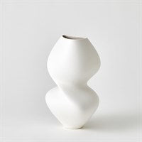 The Hushed Matte Vase by Global Views / Surya features a modern minimalist, abstract twisted form in matte white ceramic, displayed against a plain white background.