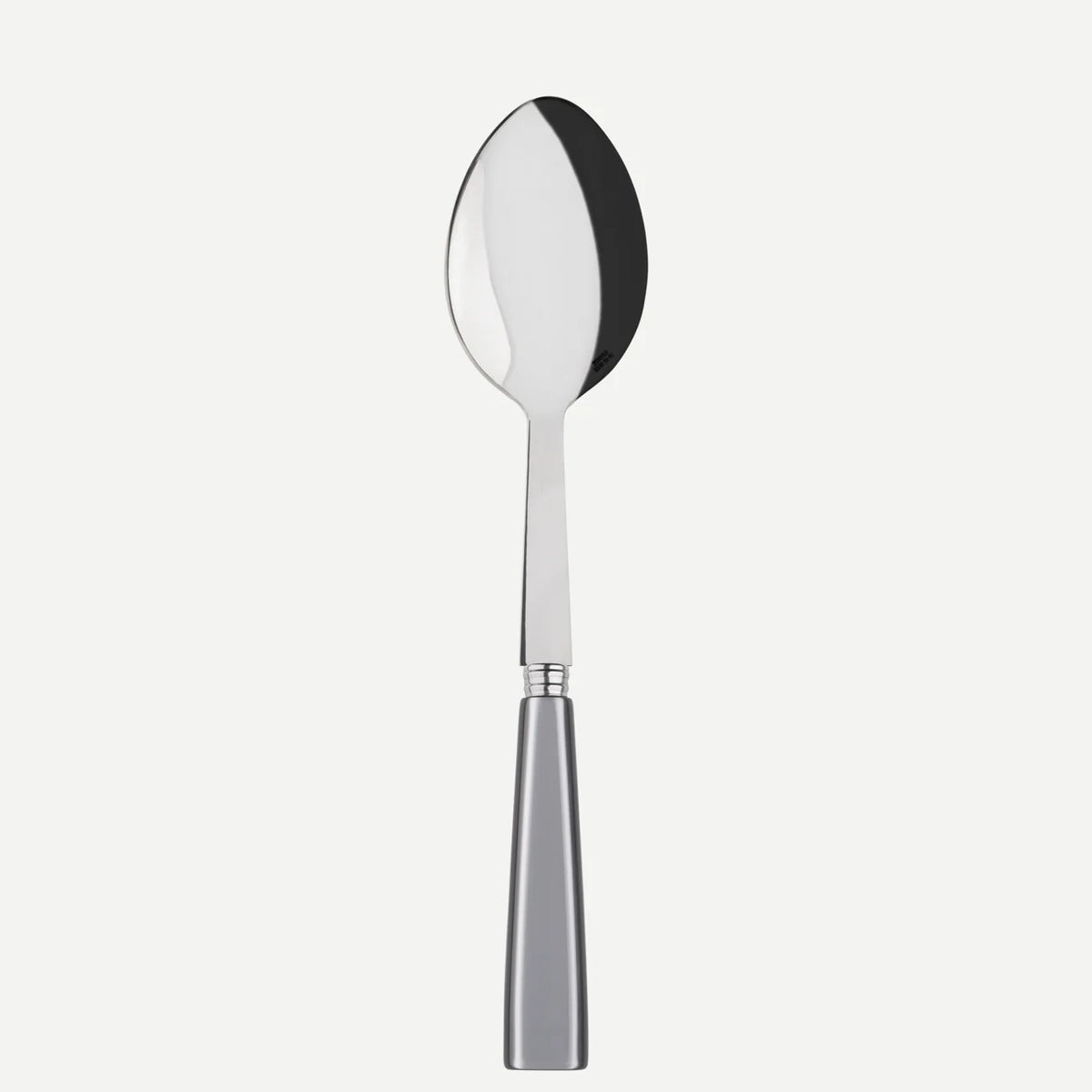 The Sabre Icone Light Grey Serving Spoon features a reflective, oval-shaped stainless steel bowl and a solid metallic handle, shown against a plain white background.