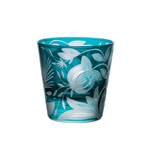 Turquoise Artel Verdure Vodka / Liqueur Glass - Jewel Tones - with etched botanical designs of flowers and leaves.