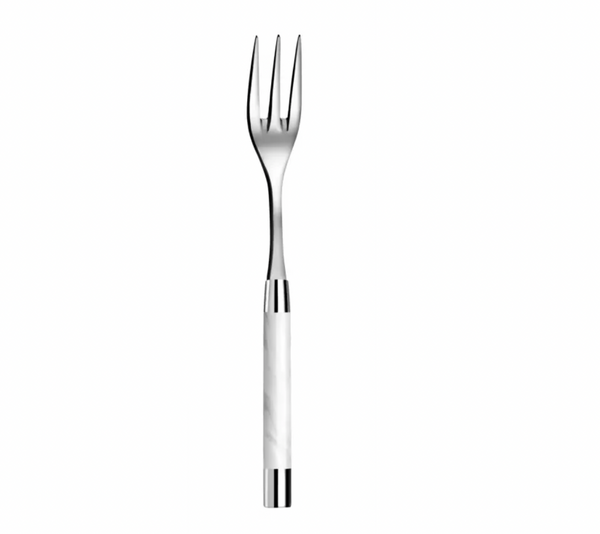 The Capdeco Conty Serving Fork White, a French-made 18/10 stainless steel piece with a shiny marble-patterned handle and three tines, is shown vertically on a plain white background.