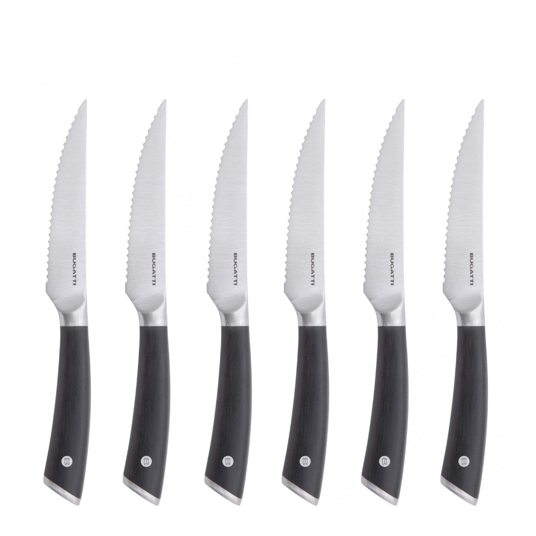 The Casa Bugatti Auberge Steak Knives Black Set of 6 features stainless steel knives with sharp serrated blades and black handles, arranged upright in a row against a white background.