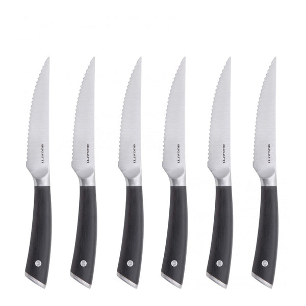 The Casa Bugatti Auberge Steak Knives Black Set of 6 features stainless steel knives with sharp serrated blades and black handles, arranged upright in a row against a white background.