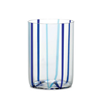 The Tirache Tumbler Aquamarine & Blue Set of 6 by Zafferano features clear glass construction with vertical blue and light blue stripes. This stylish drinkware is dishwasher safe and shown against a white background.