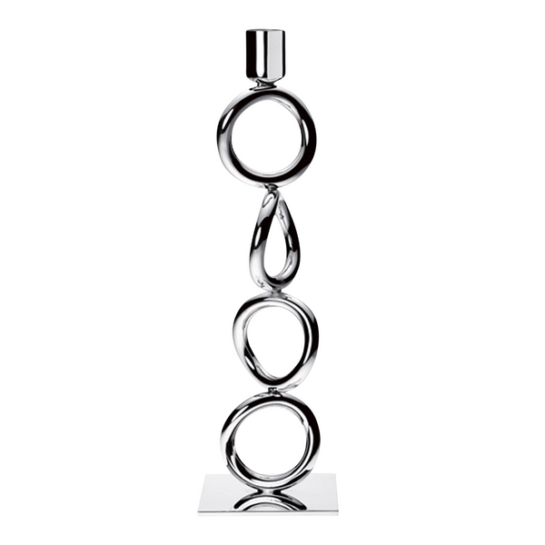 The Christofle Vertigo Silver Plated Candlestick features a modern vertical design with three interlocking rings, a teardrop shape, and a square base—ideal for those who appreciate striking candlesticks.