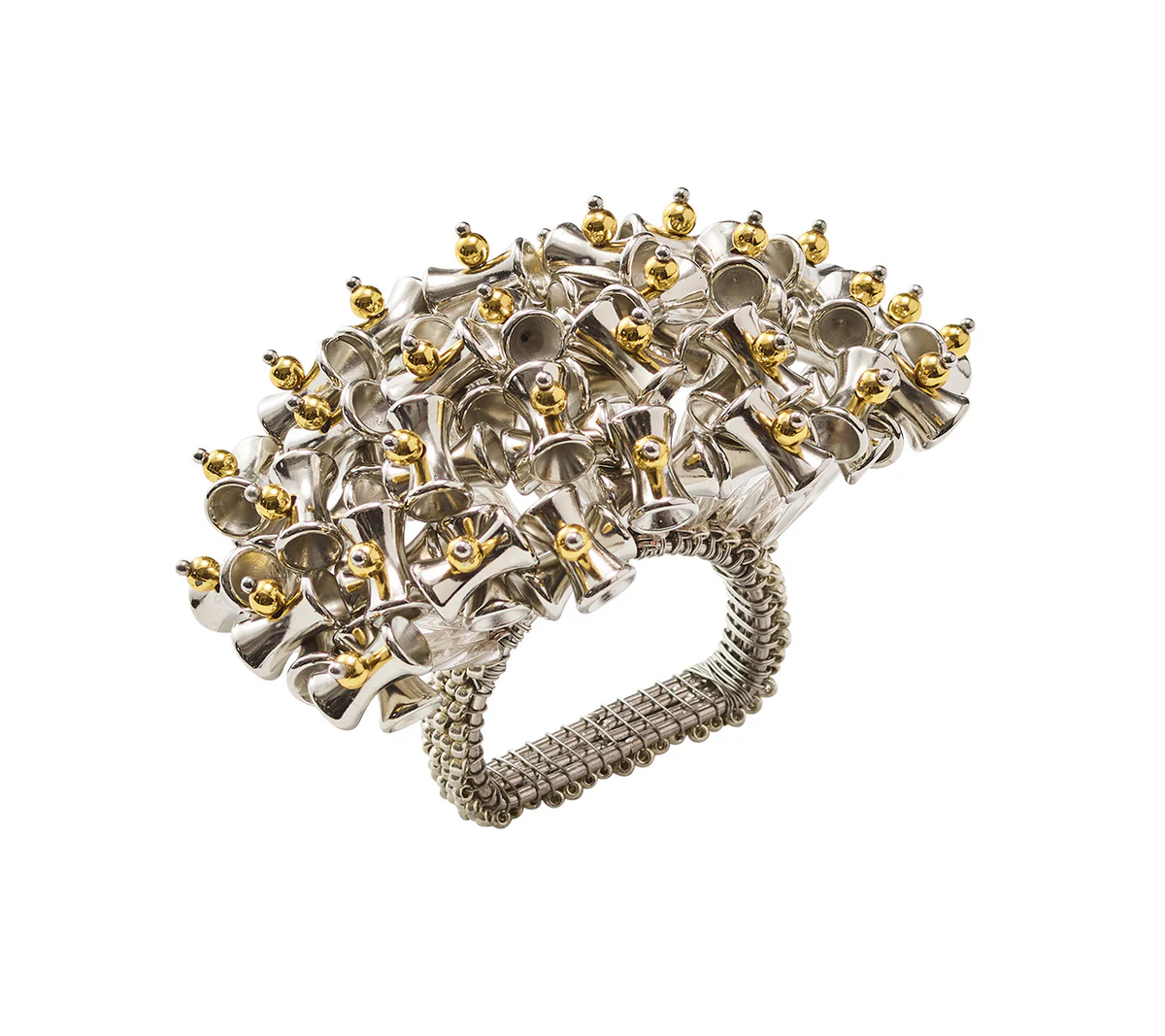 The Kim Seybert Lucent Napkin Ring in Silver & Gold, Set of 4, features a handcrafted silver ring with clustered, flower-like shapes tipped with gold balls and a woven band for texture—an elegant accent for modern tablescapes.
