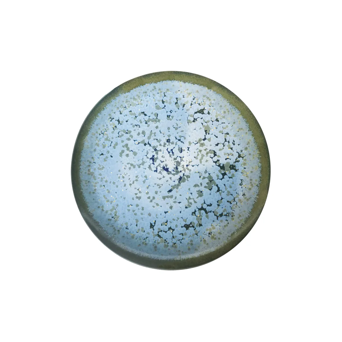 The Nymphea Dinnerware by Jaune De Chrome is a round ceramic plate made in France, featuring a greenish rim and blue-white speckled center, shown from above on a white background.