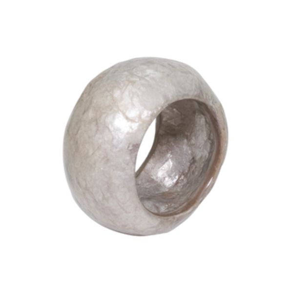Add a unique touch to any elegant table setting with the Capiz Napkin Ring Set of 4 in Silver by Saro Trading—featuring chunky, wide-band rings crafted with a beautifully organic, uneven shape and a rough, hammered texture reminiscent of artisanal silverware.