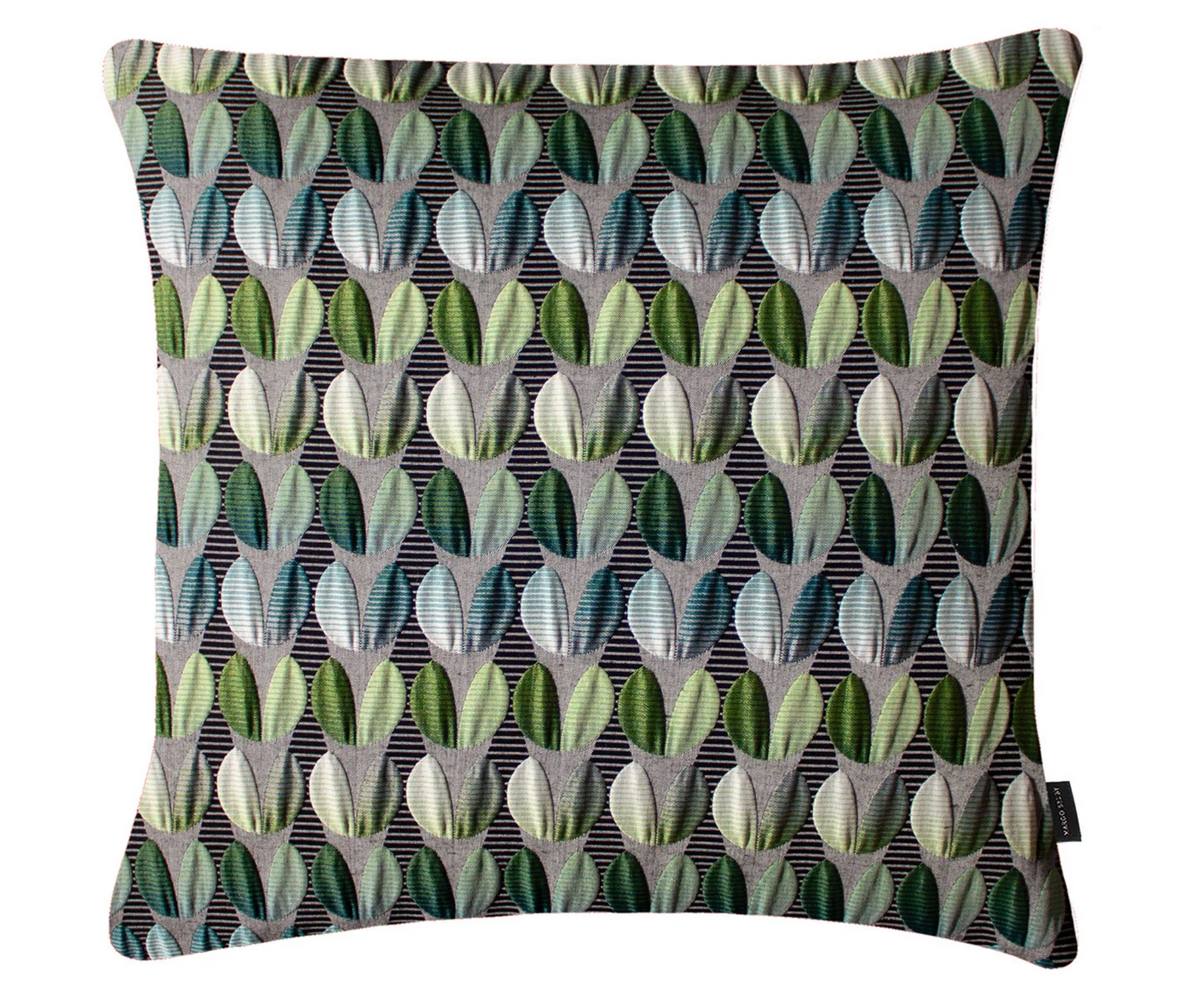 The Eden Pillow 22 x 22 by Margo Selby features a square silhouette with a repeating geometric pattern of green, cream, and gray leaf shapes set against a dark background. Crafted using a double-weave process, this pillow cover boasts a textured and symmetrical design, providing a modern and stylish accent for any space.