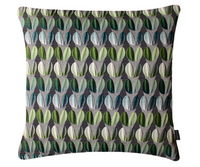 The Eden Pillow 22 x 22 by Margo Selby features a square silhouette with a repeating geometric pattern of green, cream, and gray leaf shapes set against a dark background. Crafted using a double-weave process, this pillow cover boasts a textured and symmetrical design, providing a modern and stylish accent for any space.
