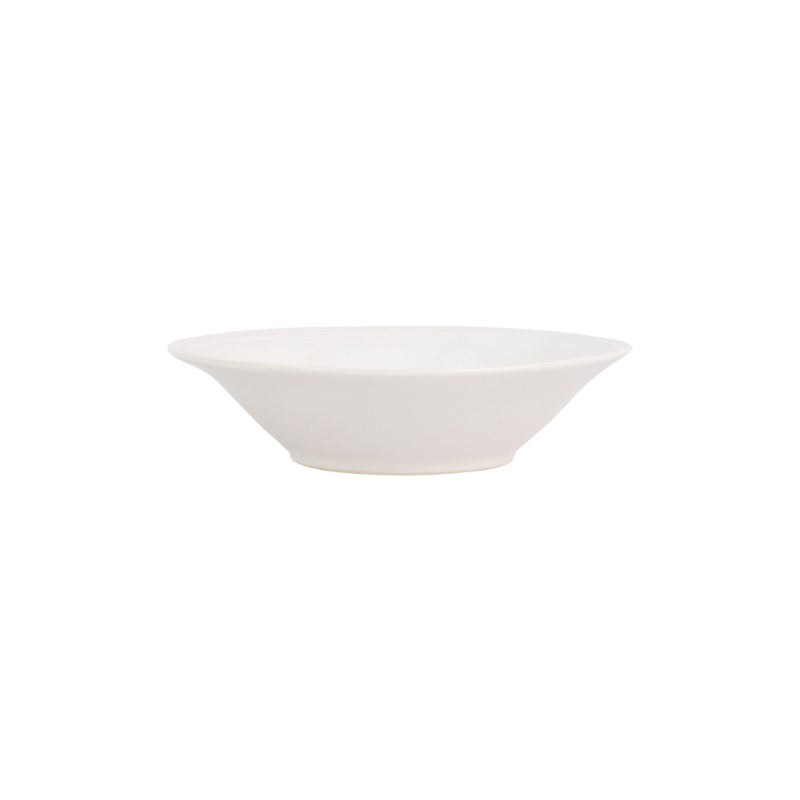 The Aria Dinnerware by Vietri features a plain, white, shallow ceramic bowl with a wide rim, evoking the look of a handcrafted dinner plate, displayed against a white background.