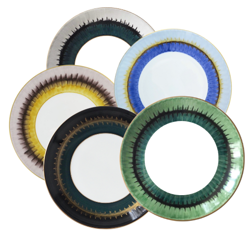 Five Marie Daâge Aloe Dinnerware plates by Marie Daâge feature concentric, brushstroke-inspired patterns in blue, yellow, green, dark green, and grey with gold trim—blending hand-painted artistry and French elegance.