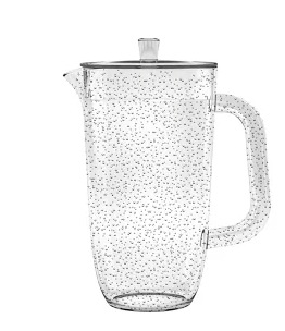 The TarHong Effervesce Acrylic Pitcher with Lid features a handle and playful black dots, making it ideal for serving iced beverages at outdoor gatherings.