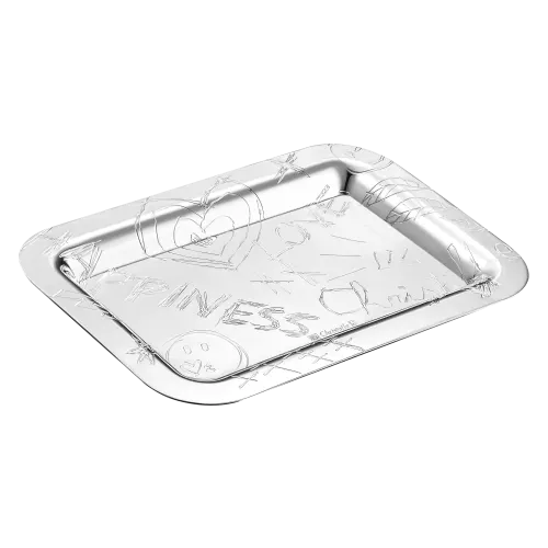 The LOVE Graffiti Christofle Silver Plated Tray by Christofle features pop art doodles—heart, smiley face, and “HAPPINESS”—on its shiny, raised-edged surface.