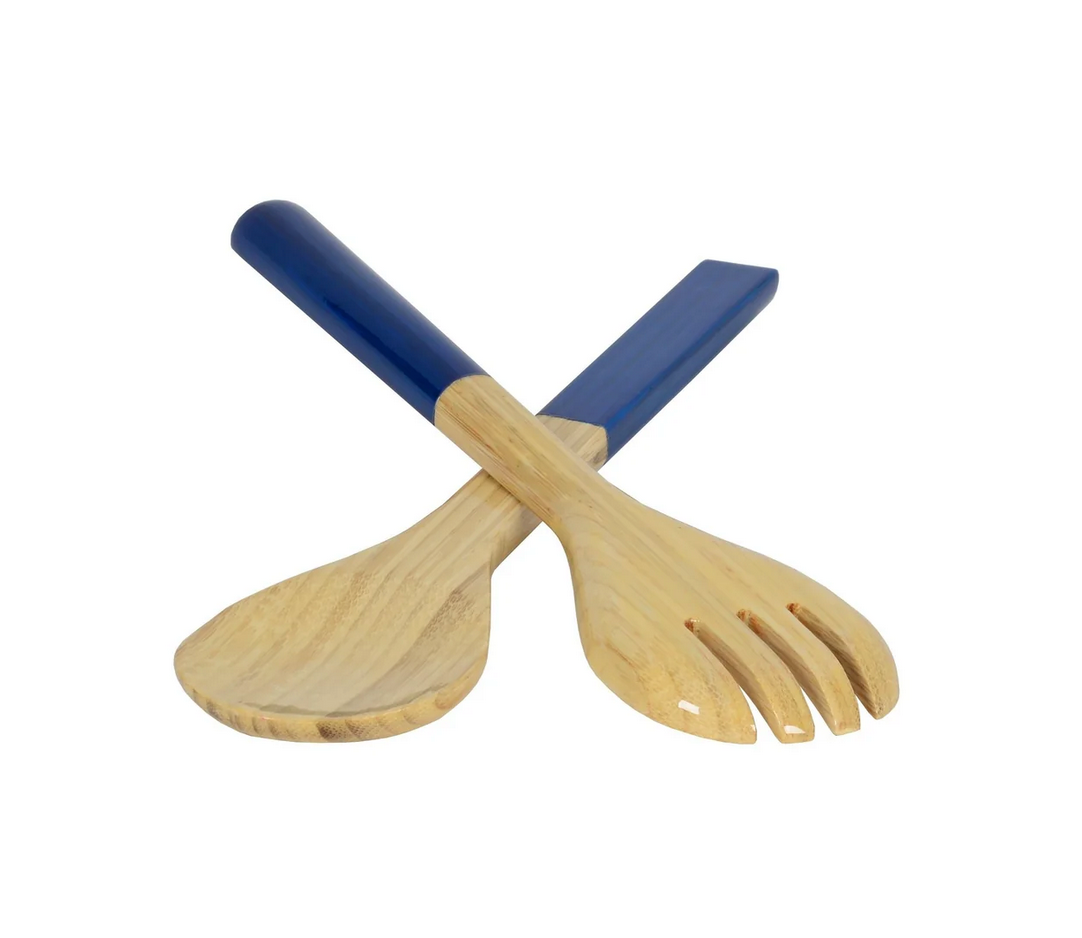 The Albert L Bamboo Classic Salad Servers Set - Small features two durable bamboo servers with blue handles, one solid spoon and one forked, crossed over each other on a white background.