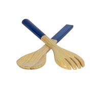 The Albert L Bamboo Classic Salad Servers Set - Small features two durable bamboo servers with blue handles, one solid spoon and one forked, crossed over each other on a white background.