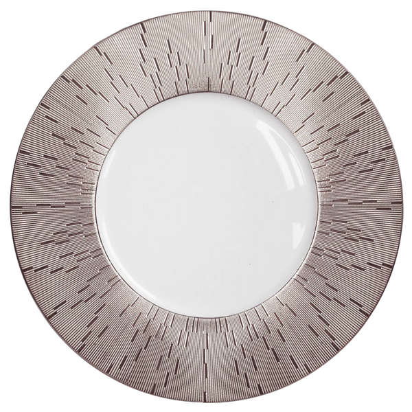 The Infini Prestige Platinum Dinnerware by Haviland is a round white Limoges porcelain plate with a wide platinum border featuring thin radiating lines in a modern, geometric design.