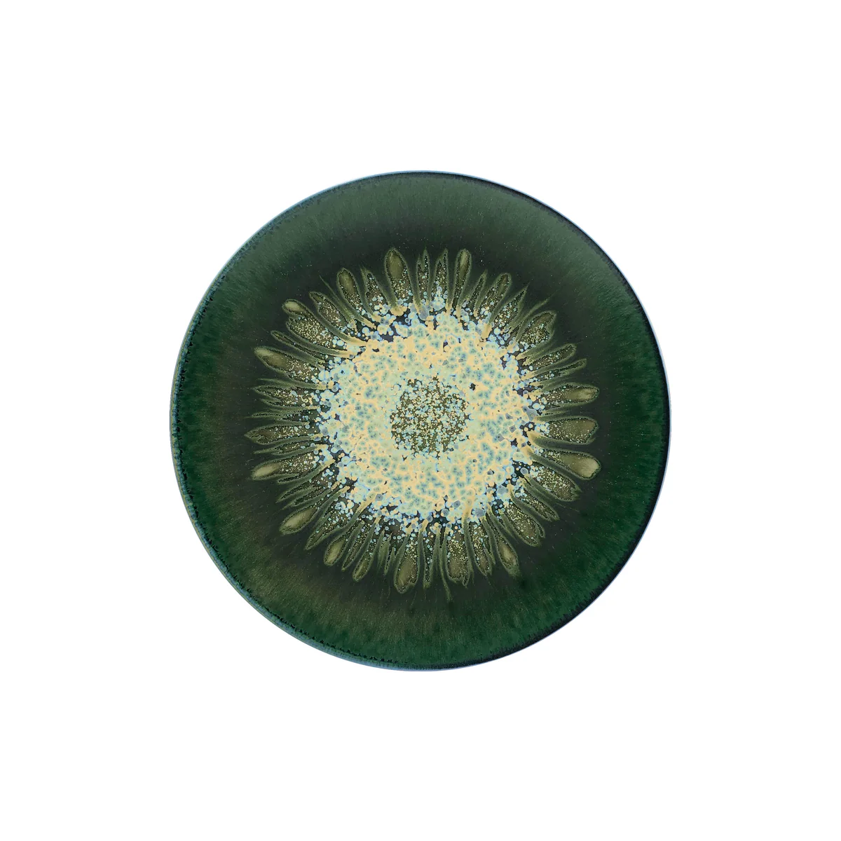 The Cyclone Dinnerware plate by Jaune De Chrome features a green rim with leaf-like patterns and a speckled cream-blue center, evoking a stylized sunflower or abstract eye—ideal for adding artistry to your table setting.