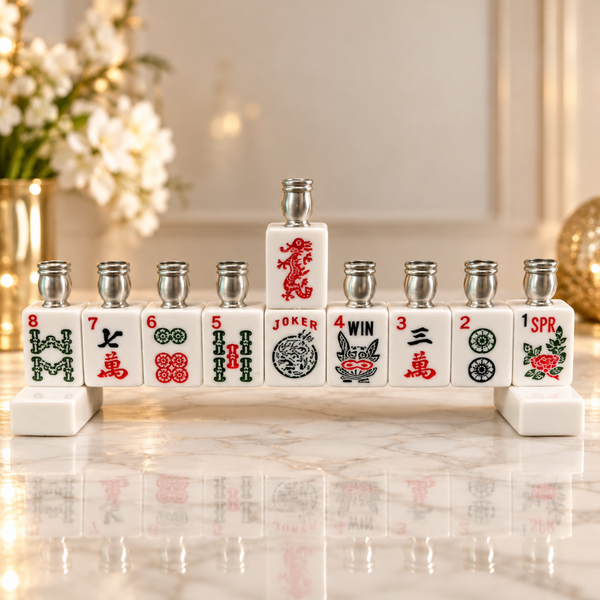 The Mah Jong Menorah - Classic White is designed as a row of white mahjong tiles, each topped with a silver candle holder.