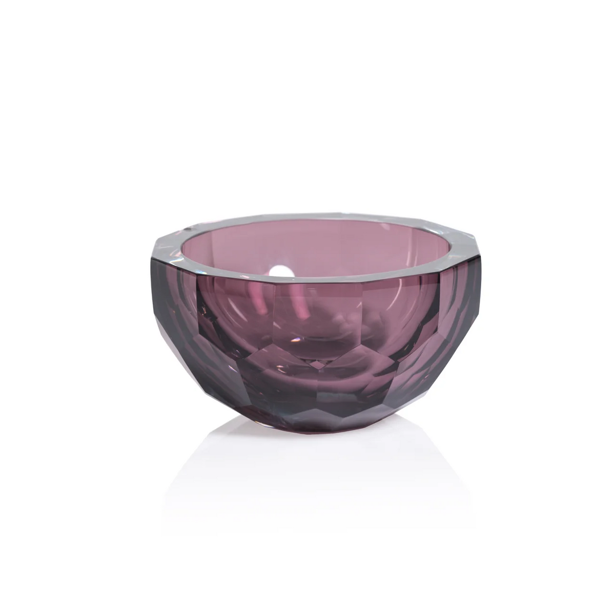 The Vale Faceted Glass Bowl by Zodax is crafted from heavy-weight, translucent purple glass with geometric cuts, creating a modern sculptural look—perfect as elegant home décor. Shown on a white background.