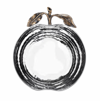 Introducing the Pomona Apple Bowl by Mary Jurek—a round, silver dish elegantly shaped like an apple, complete with a metallic stem and two decorative leaves. Its reflective, textured surface makes this bowl perfect for holiday serving and adds a festive touch to your Rosh Hashanah table.