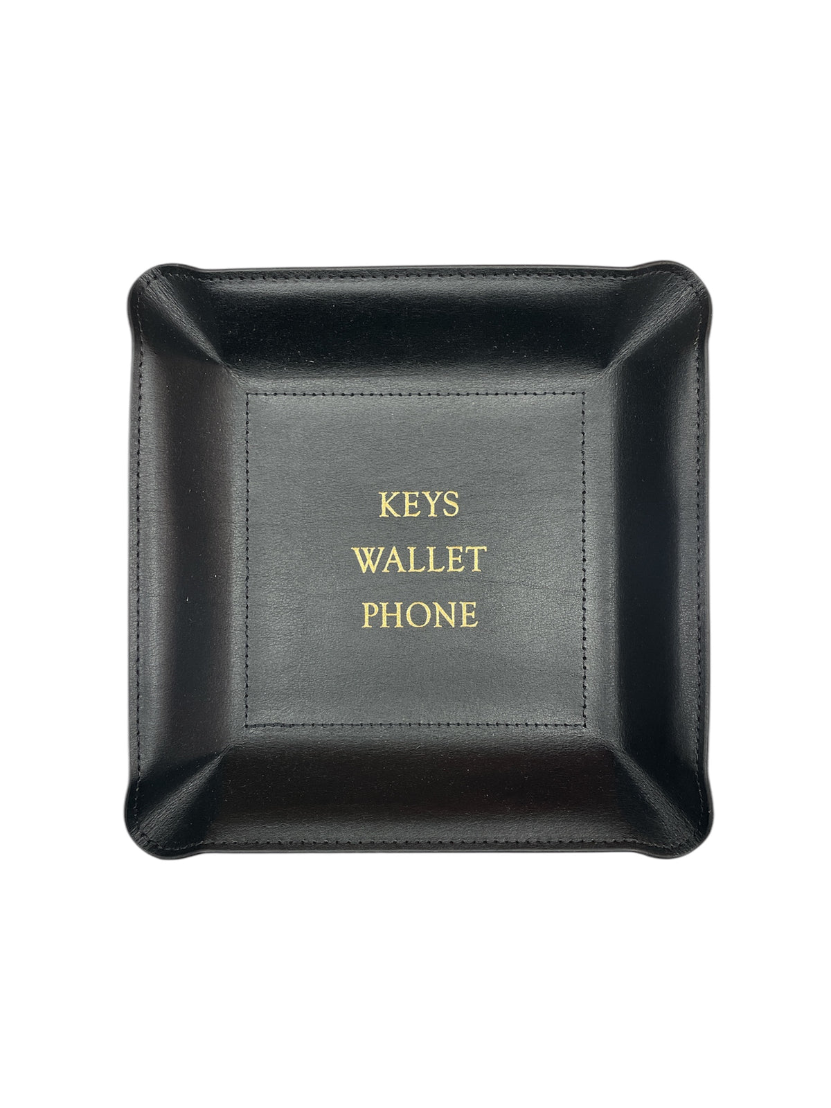 The Graphic Image Leather Valet Tray - If I Were Keys... is a black handmade leather tray with raised edges and gold embossed "KEYS WALLET PHONE" text, serving as a stylish travel organizer for your essentials.