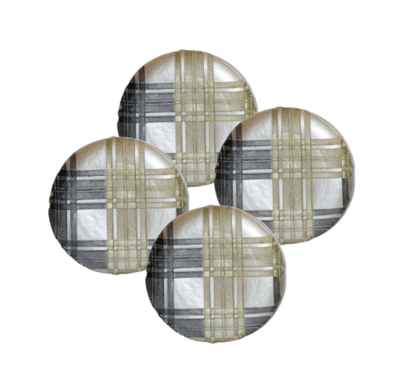 Four round Zodax Tartan Dessert Plate Set of 4- Silver dessert plates in a modern luxury table setting, featuring a silver and tan tartan pattern.