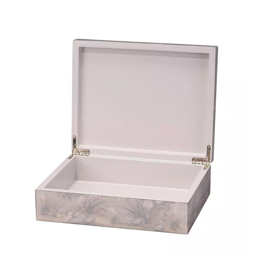 The Meadow Lavender Box by Jamie Young is an open handcrafted decorative box with a hinged lid, featuring a light floral pattern and plain white interior—ideal for storing family heirlooms or enhancing neutral décor.