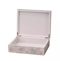 The Meadow Lavender Box by Jamie Young is an open handcrafted decorative box with a hinged lid, featuring a light floral pattern and plain white interior—ideal for storing family heirlooms or enhancing neutral décor.