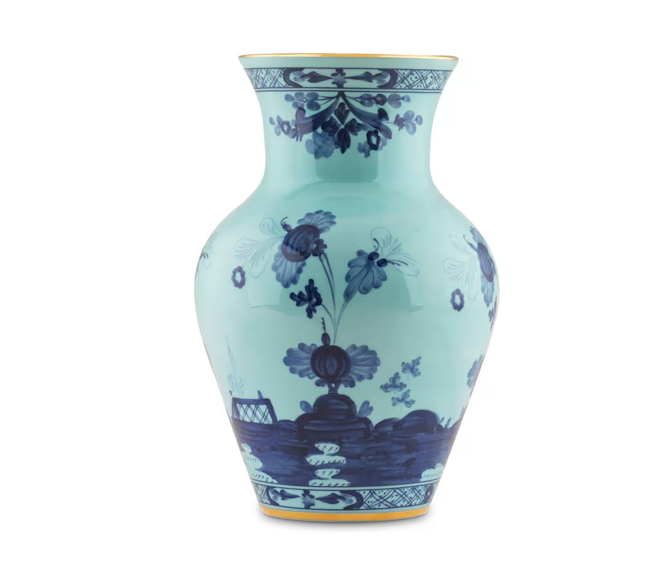 The Oriente Italiano Ming Vase 9" by Ginori 1735 is a turquoise ceramic vase with a flared rim, featuring intricate blue floral patterns and geometric borders—ideal for enhancing your space with Italian decor.