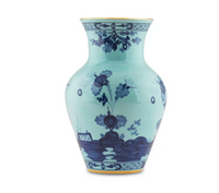 The Oriente Italiano Ming Vase 9" by Ginori 1735 is a turquoise ceramic vase with a flared rim, featuring intricate blue floral patterns and geometric borders—ideal for enhancing your space with Italian decor.