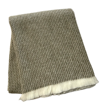 A Soft Idea's Four Sided Pinstripe Fringe Throw, featuring a folded brown and white design with subtle pinstripes and fringed white edges, is displayed on a white background.